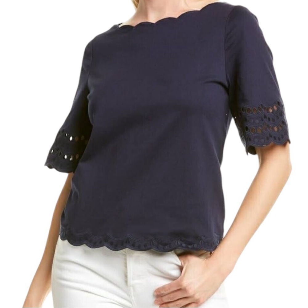 Kate Spade Navy Blue Cotton Knit Scallop Border and Embroidered Tee L NEW